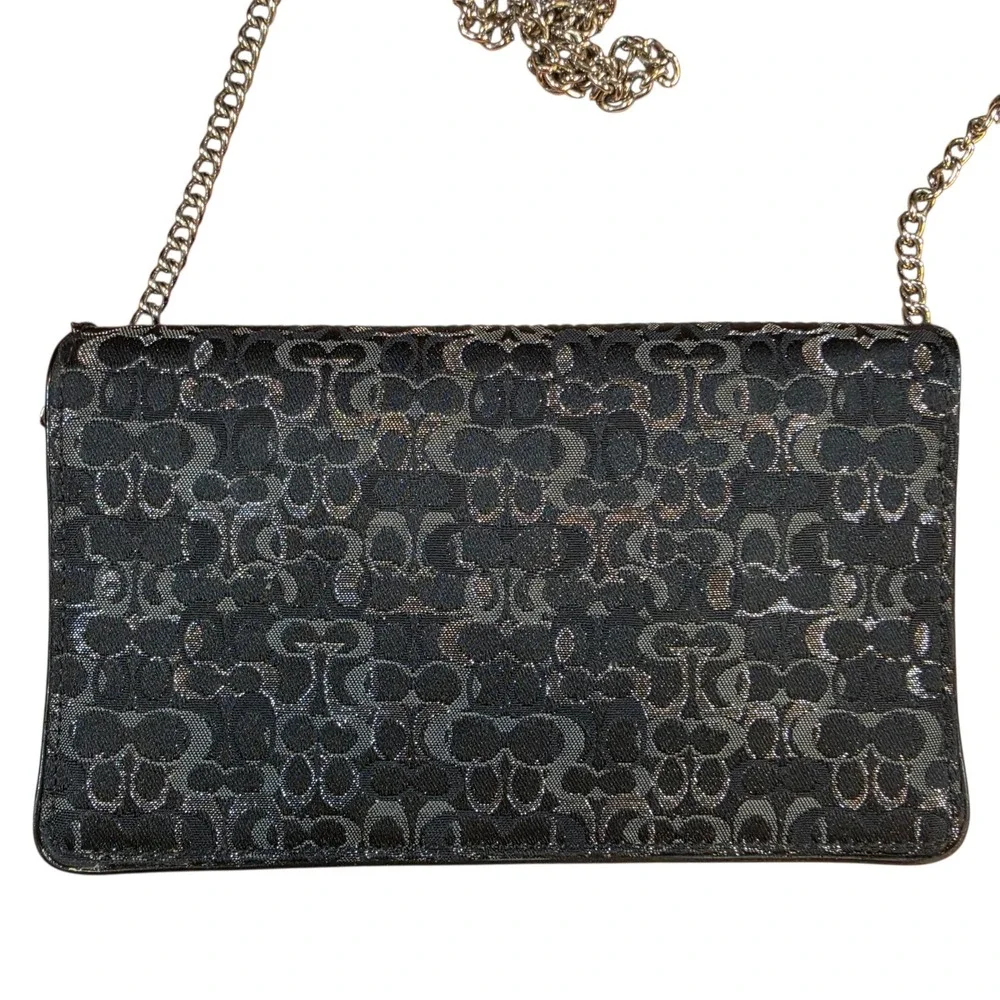 Vtg Coach Women Small Crossbody Clutch Black Silver Metallic Signature Jacquard
